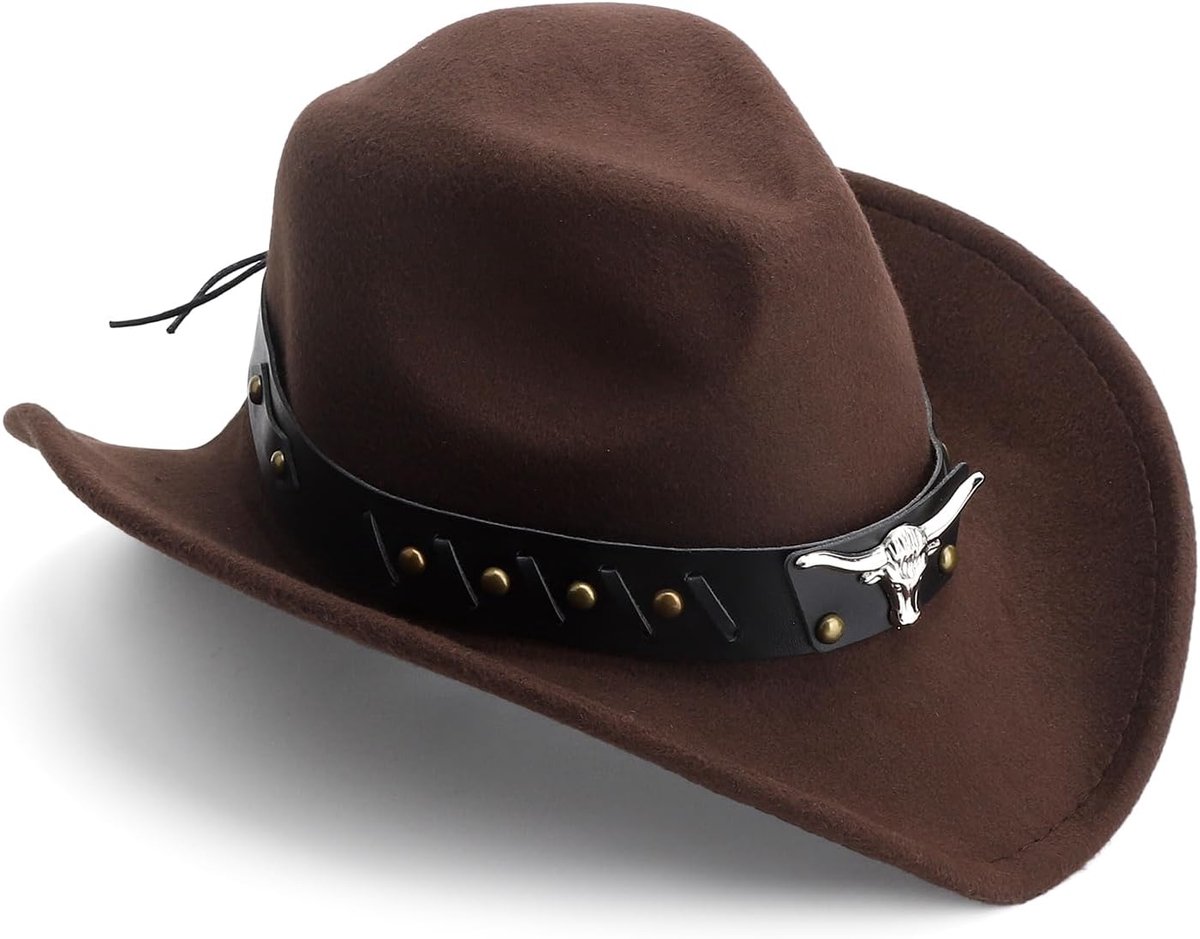 Bruin cowboyhoed voor dames, hoed heren, cowboyhoed heren, cowboy met leren band, met bullhoofdapplicatie en verstelbare band (56-60 cm) voor tuinieren, themafeesten, baduitstapjes