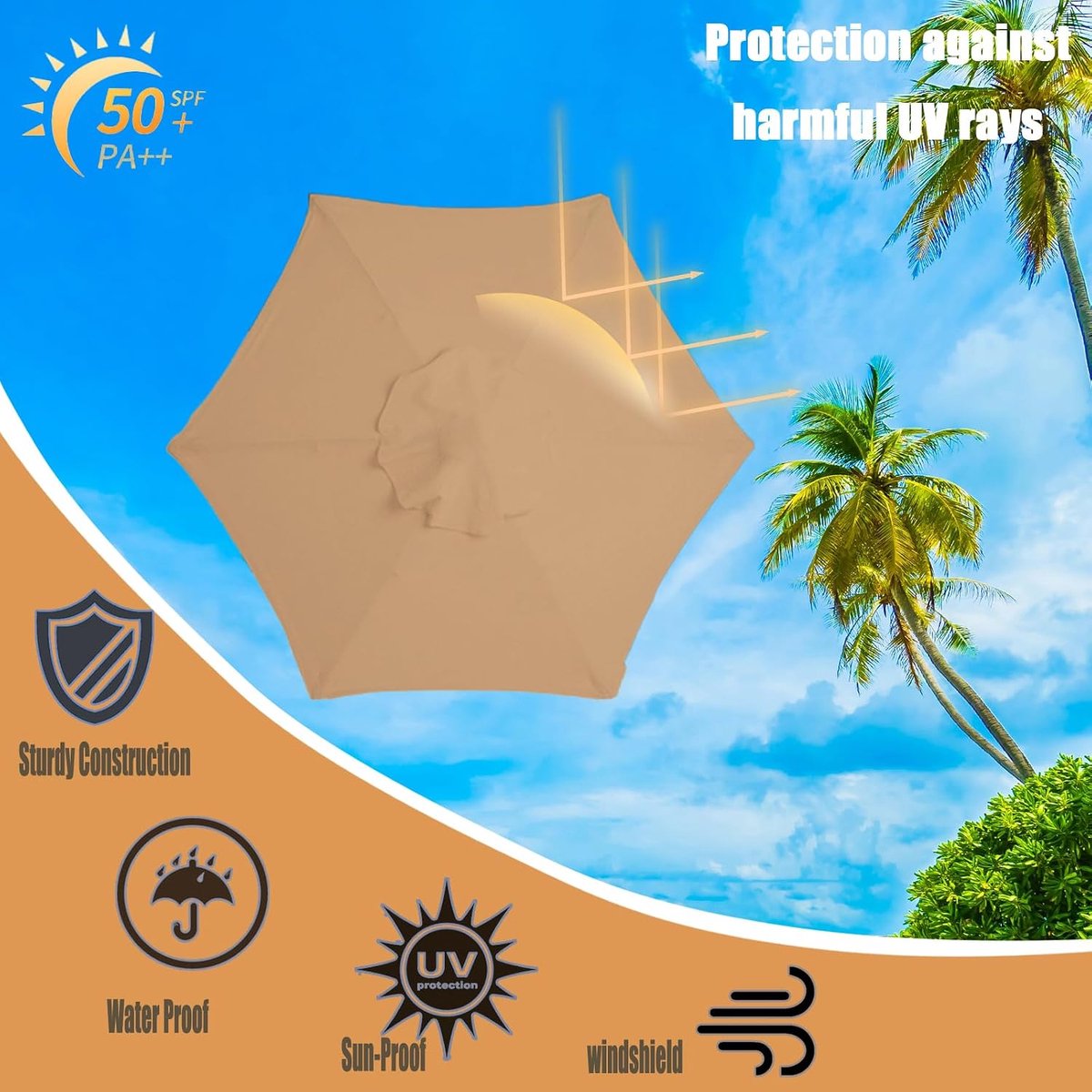 reservehoes, 3 m, waterdicht, tuinparasol met zonneklep, uv-bescherming, reserveluifel voor 6 stutten, reserveluifel voor buitenparasols