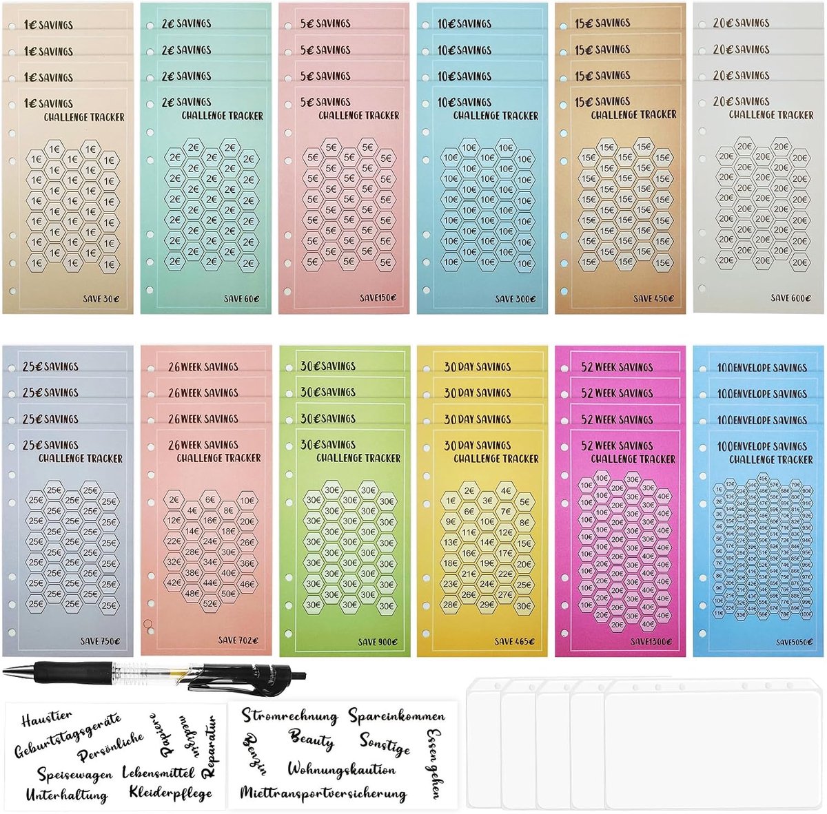 48 A6 Geldbesparende Uitdaging Tracker, Sparchallenge Budgetplanner, Budget Binder, Besparingen Challenge Set van 1€, 2€, 5€, 10€, 15€, 20€, 25€, 50€, 26Week, 30 Day, 52 Week, 100 Envelope