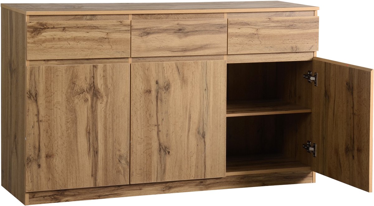COVREO Houten look sideboard 135x40x81 cm - 3 deuren en 3 laden - ruime opbergkast voor keuken, hal of woonkamer - multifunctioneel Wood