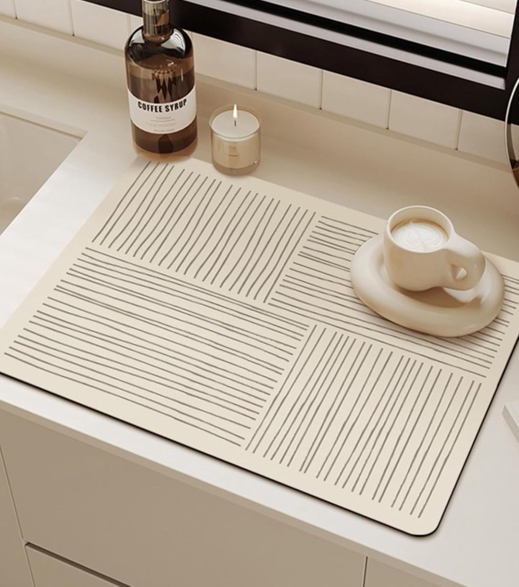 Afdruipmat voor Servies en Koffiezetapparaat – Beige Keukenmat met Print, Antislip Droogmat voor Spoelbak, Sterk Absorberend, Multifunctionele Afdruipmat voor Aanrecht, Keuken en Café