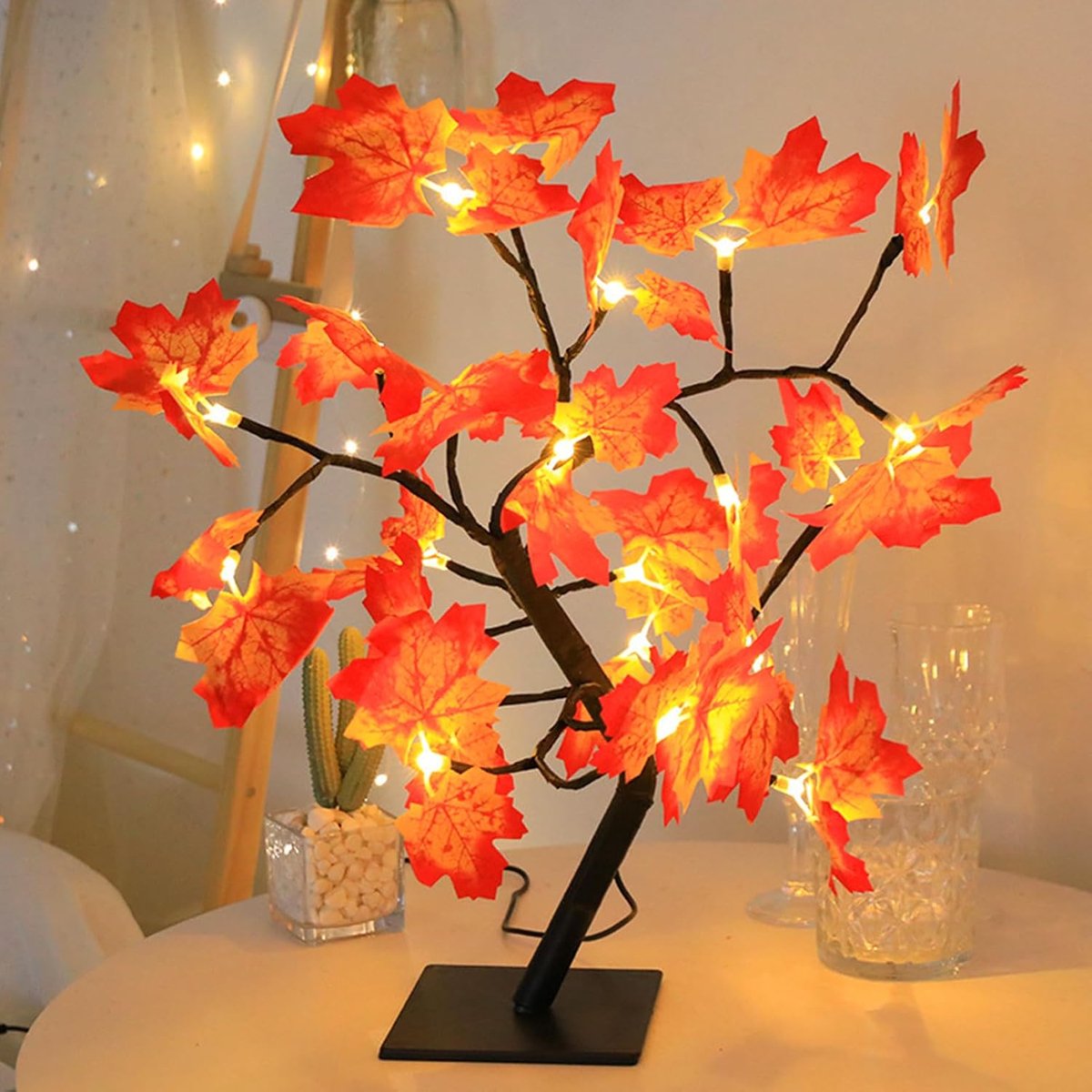SnelShoppen - Herfstdecoratie Esdoornblad met Boomverlichting, 24 LED Lichten, Decoratieve Lichtketting voor Herfst, Bureau, Tuin en Feestdagen