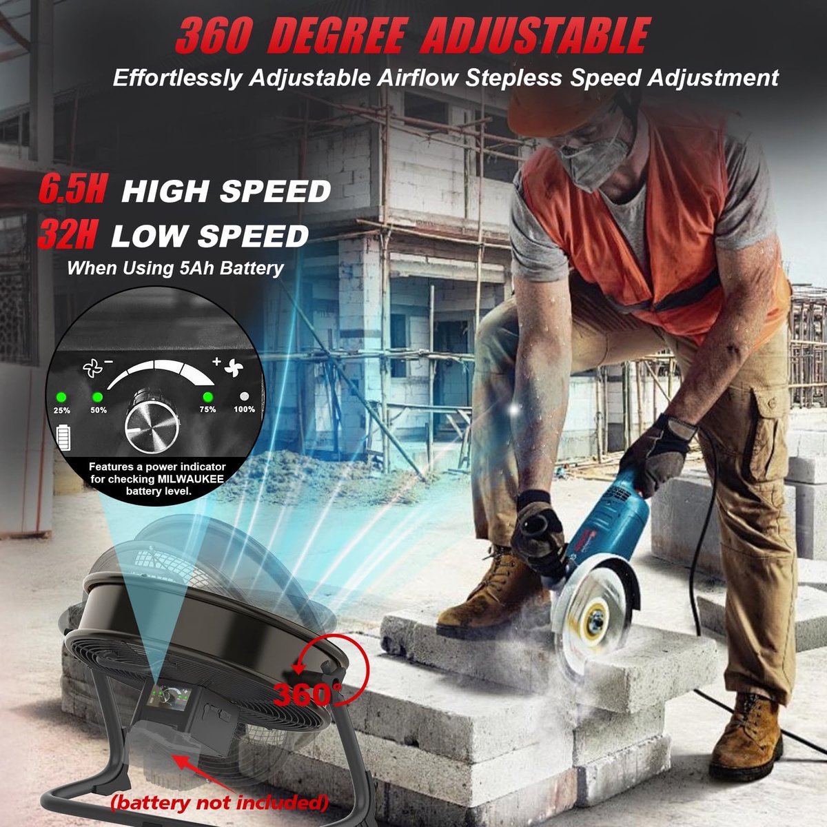 SnelShoppen - ILIKEPOW Vloerventilator 30 cm voor Milwaukee 18V Accu, Traploze Snelheidsregeling, 360° Draaibaar, Krachtige Luchtcirculatie, Ideaal vo