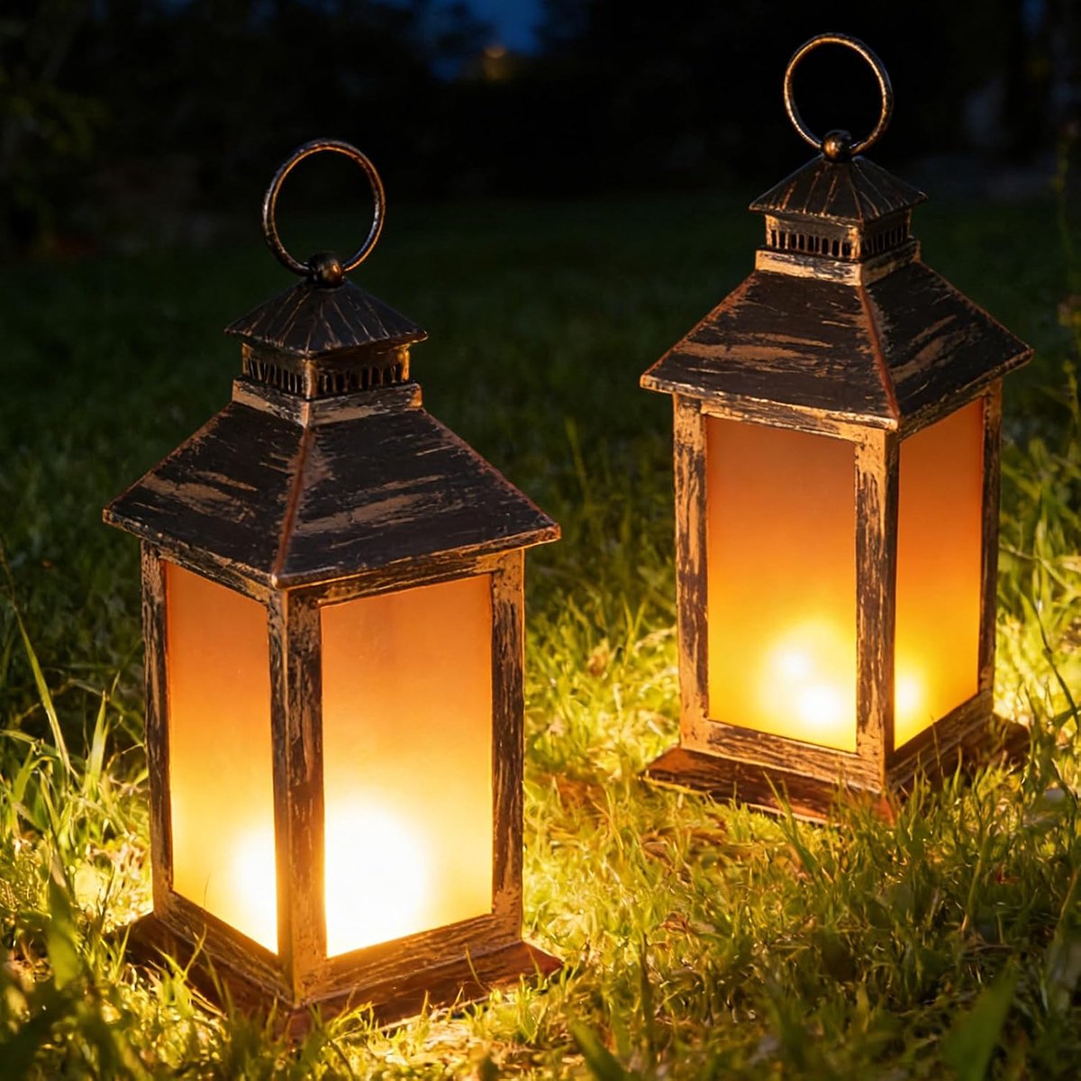 2 stuks lantaarns voor buiten: vintage creatieve antieke koperen vlammen windlicht, buiten hangend met vlameffecten kaars, voor balkon tuin tafel terras, batterijen niet inbegrepen