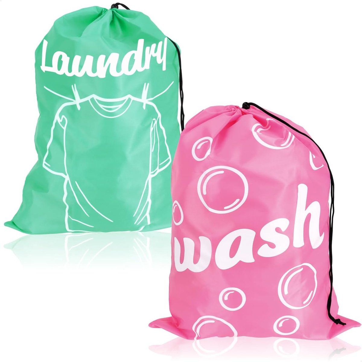 com-four 2 x waszak voor reizen, opvouwbare wasverzamelaar met trekkoord, 69 x 50 cm (02 stuks, mintgroen/roze)