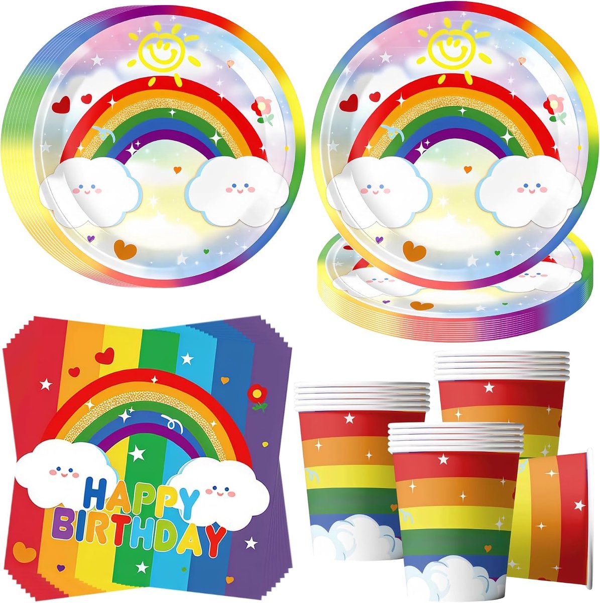 partyservies voor 16 gasten, 52 stuks Happy Birthday partyborden, partyservies, regenboog, verjaardag, papieren borden, servetten, bekers, servies voor jongens en meisjes