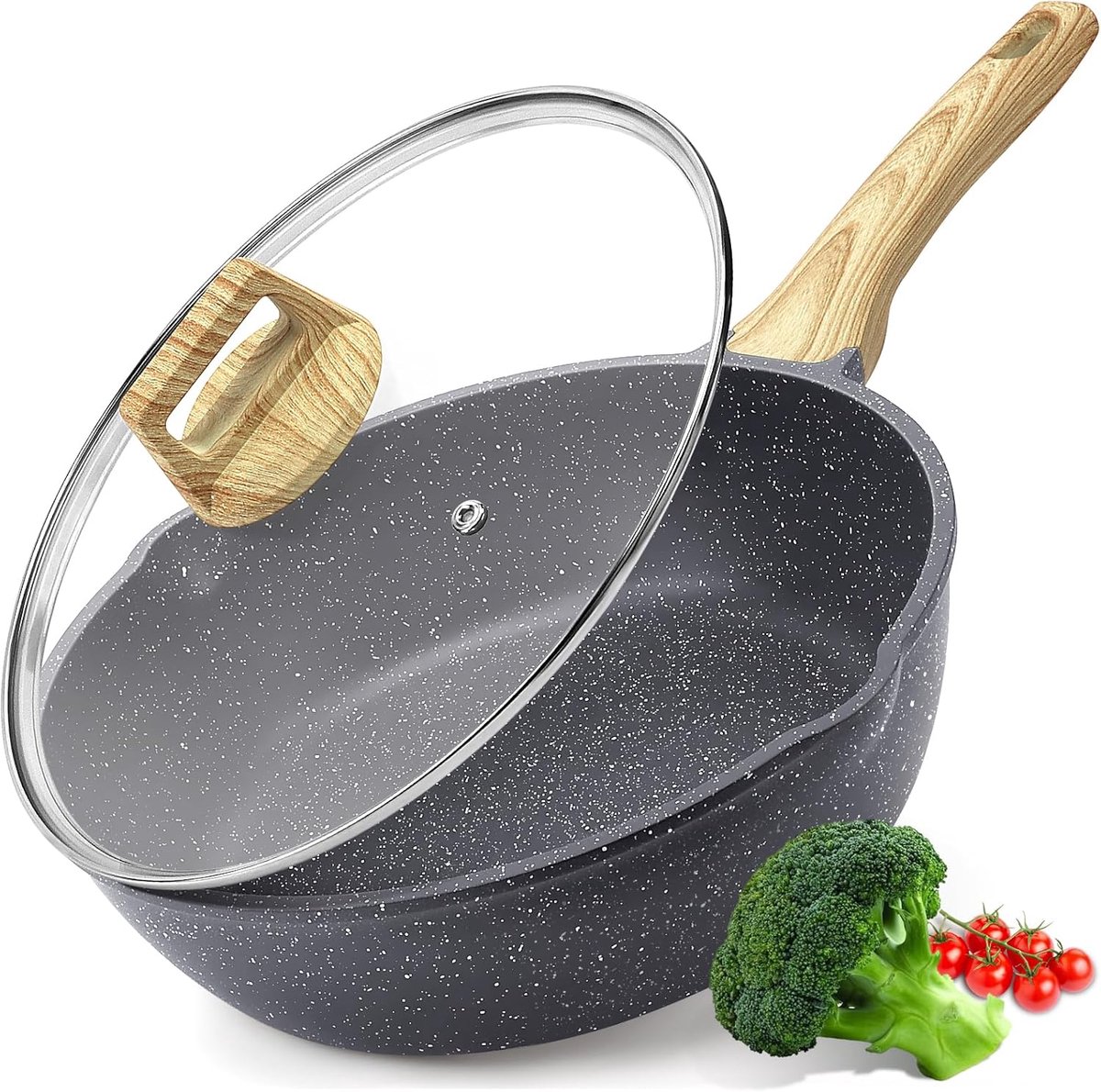 Antiaanbakkoekenpan Met Deksel, 30 Cm, 5 Liter, Frituurpan, Keramische Braadpan, Koel Blijvende Handgreep, Inductiepan, Gezonde, Niet-Giftige Kookpan, Grijs