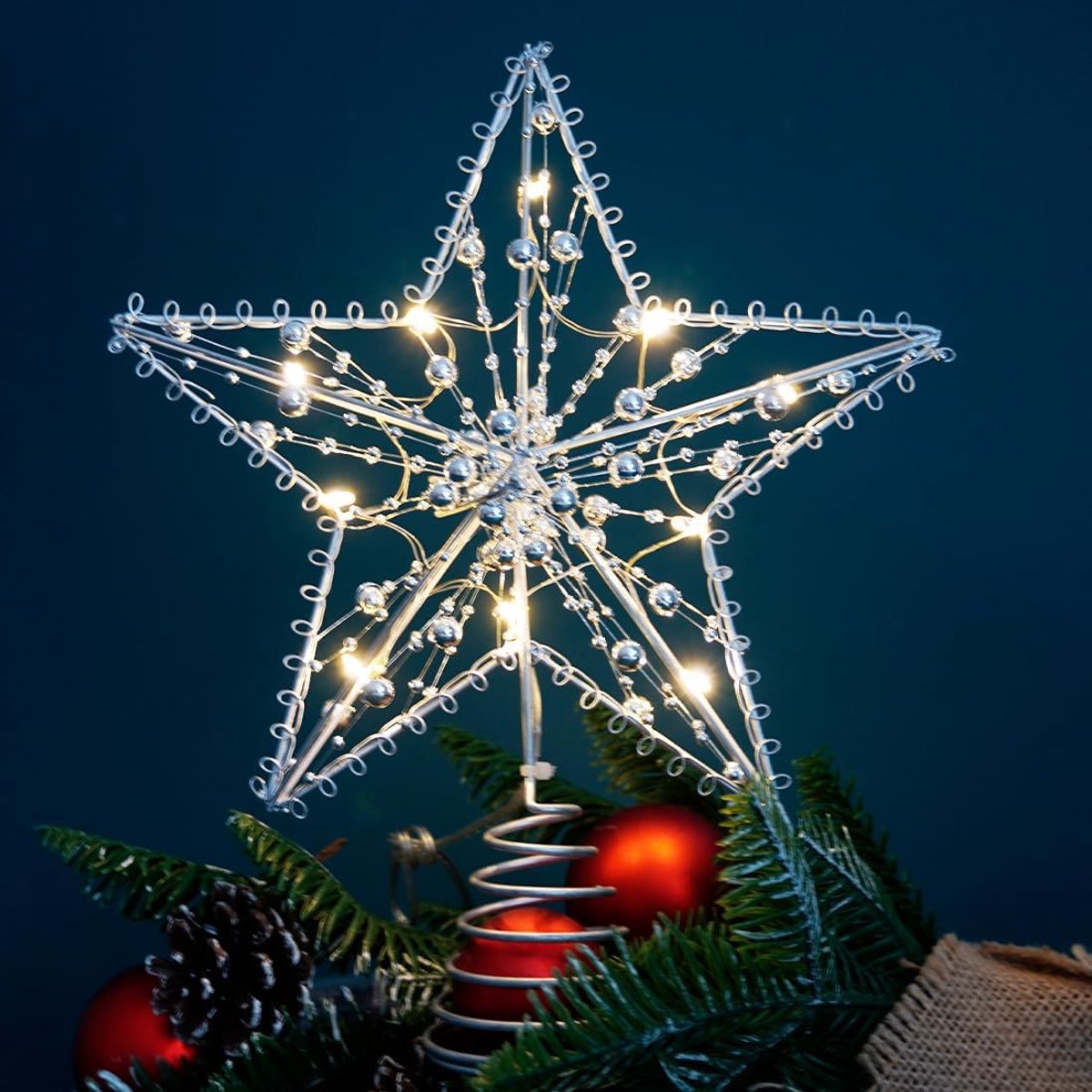 kerstster, kerstboom, boom, treetop, glinsterend, van metaal, zilver, kerstboom met led-lichtketting, voor woonkamer, slaapkamer, huis (20 x 25 cm)