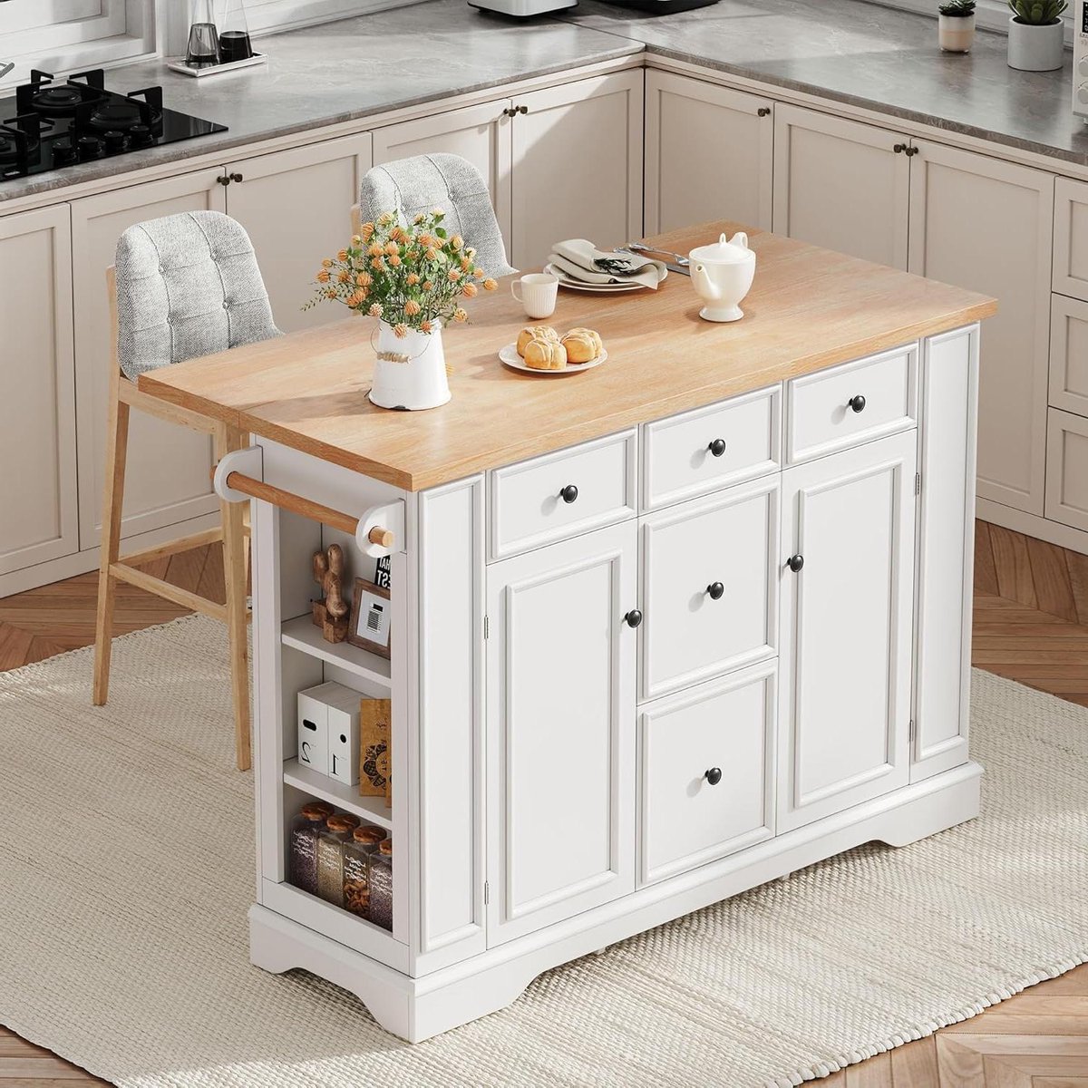 Keuken Eiland - Vergrootbaar Werkblad - Koken en Bakken - Geïntegreerd Laadstation - 130.5 x 40-65 x 92 cm - Wit