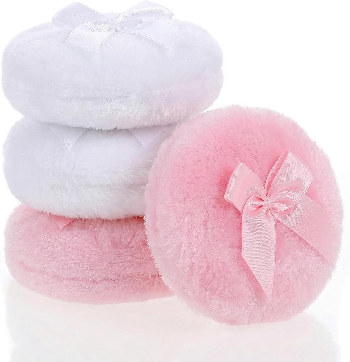 Poederdons, Grote Poederkwast, 4 Stuks Lichaampoeder, Wasbare Ronde Poeder Puff voor Gezicht en Lichaam Make-up Wit Roze
