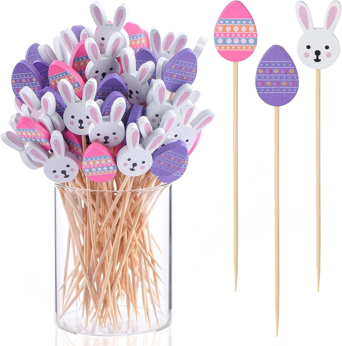 Cocktailspiesen voor Pasen, 100 stuks, haas, houten spiesen, fingerfood, 12 cm, feestspiesen, kaasspiezen, fruitspiesen voor paasdecoratie, tafeldecoratie, feest (B)