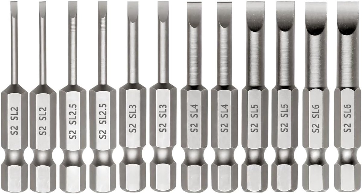 12-delige sleuf-bitset, 50 mm lengte, sleufschroevendraaierbitset voor slagschroevendraaier, magnetische 1/4 inch zeskantige schacht, SL2/2,5/3/4/5/6, set van 2