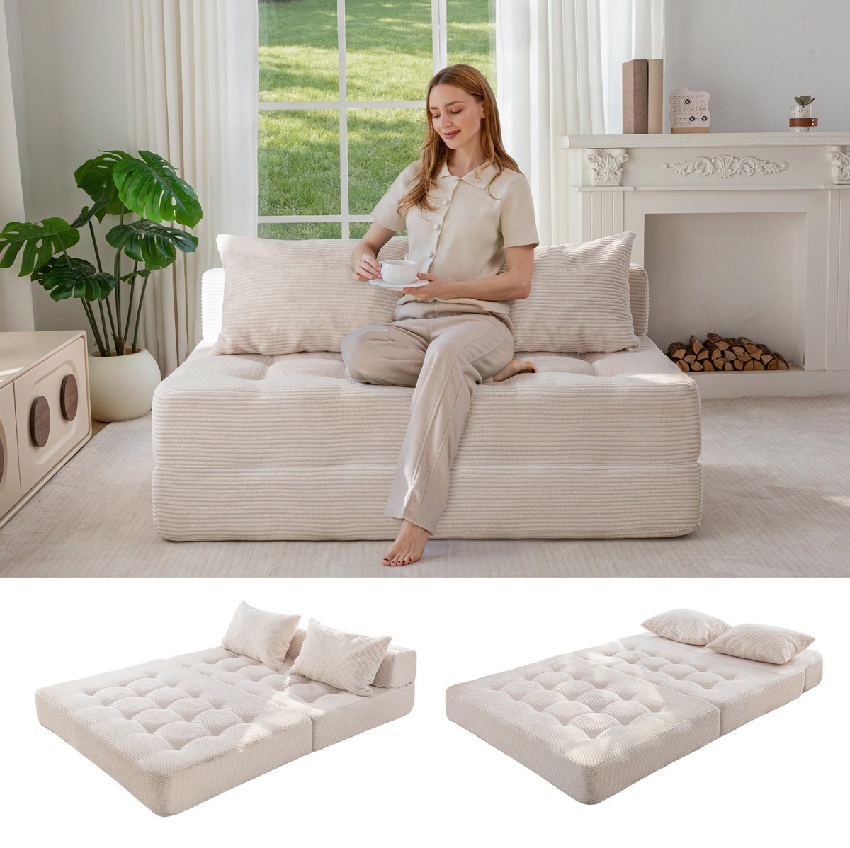 SnelShoppen - MAXYOYO Modulaire Sectionale Bank, Converteerbare Bank Bed met Opklapbaar Bed en Kussen, Gestructureerde Fluweel Vloerbank, Geen Montage