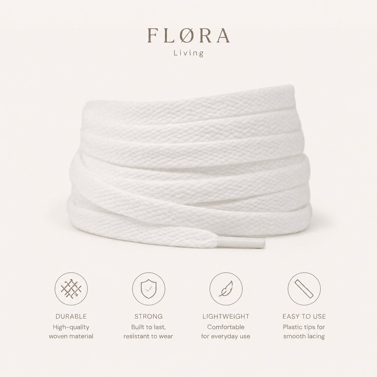 FLØRA Living Schoenveters Wit – 120 cm – Platte Veters voor Sneakers – Geschikt voor Sneakerheads & Nike Modellen – Duurzaam & Stijlvol