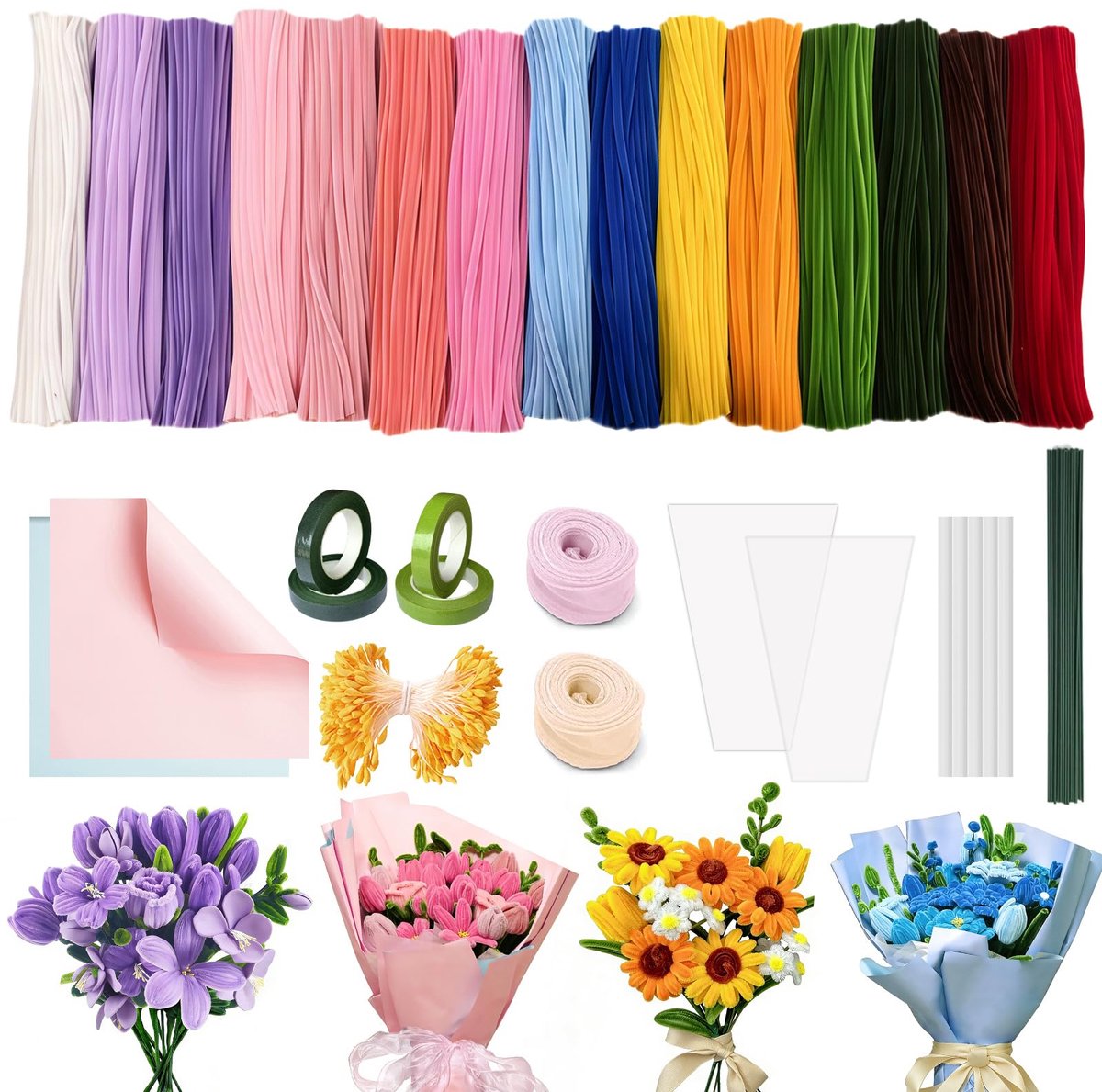 800 stuks pijpenreiniger bloemenset, 15 kleuren pijpenputsers om te knutselen, pijpenreiniger knutselset, pipe cleaner flower met bloemendraad, lusband, kleefband, voor bloemstuk DIY