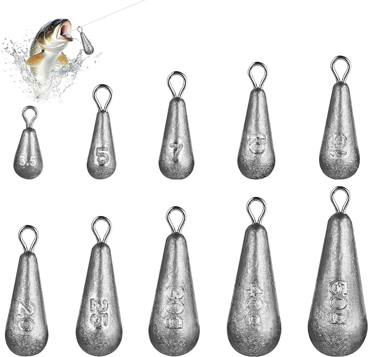 Set van 40 druppelvormige visgewichten, perenlood, vissen, 3,5 g, 5 g, 7 g, 10 g, 15 g, 20 g, 25 g, 30 g, 40 g, 50 g, vislood sinker voor boot- en hoogzeevissen