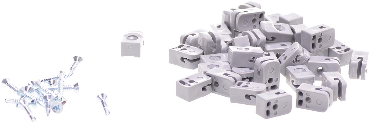 Set van 50 spandraadhouders grijs met schroeven, accessoires voor gaasdraadhekken, draadhouders voor gaasdraadhekken, voor stabiele en duurzame installaties, UV-bestendig