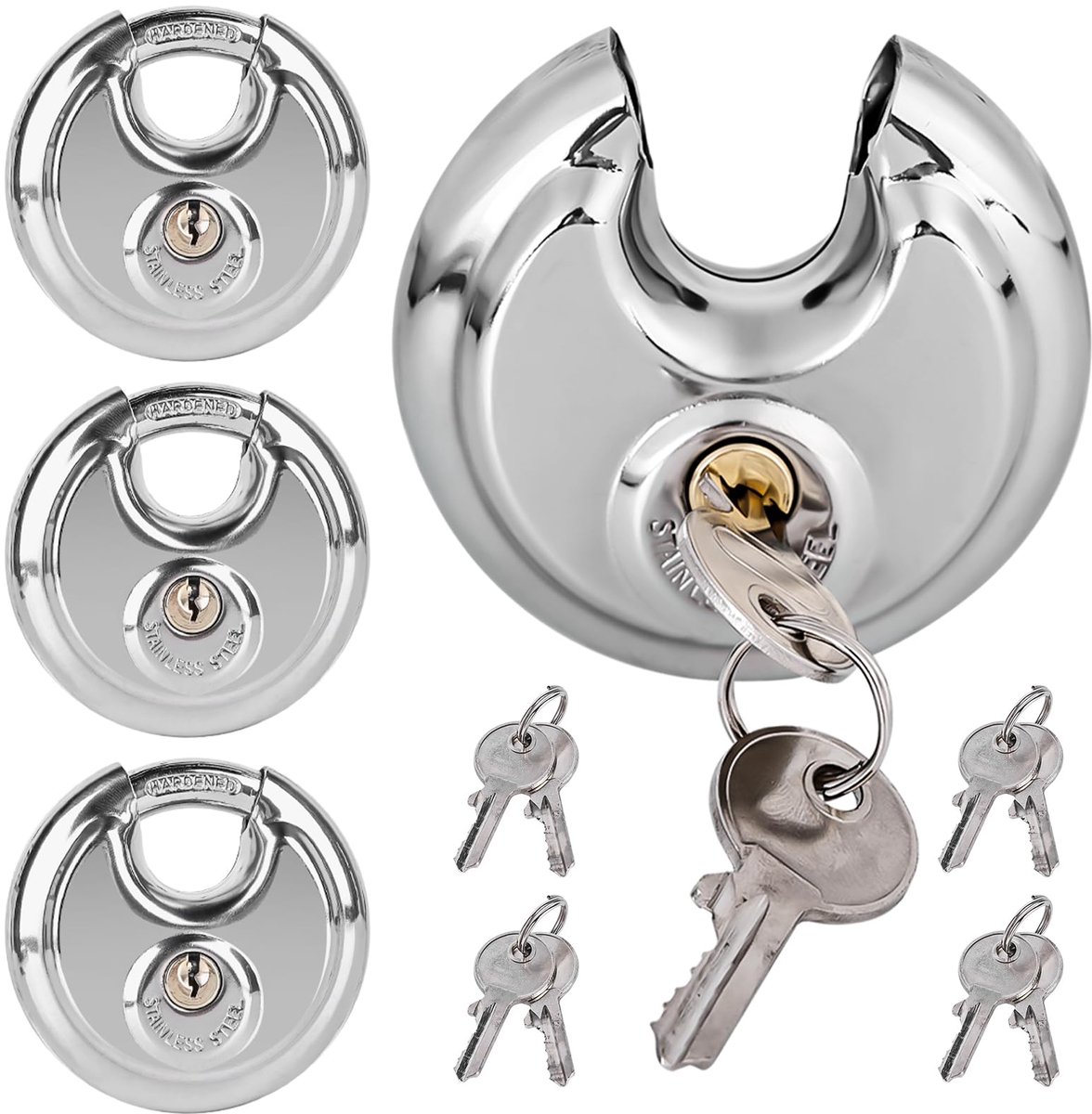 4 stuks rond beugelsloten, 70 mm, hangslot met 8 sleutels, rond slot met roestvrijstalen sluiting, schijfslot, rond, roestvrij, weerbestendig hangslot, veiligheidsslot