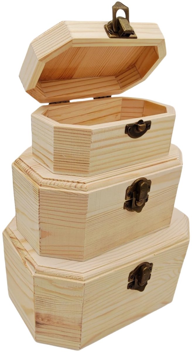 Houten schatkist, 3 maten, ongelakt houten kist met sluiting en scharnierendeksel, opbergkist, voor thuis, souvenirs, opslag, 3 stuks