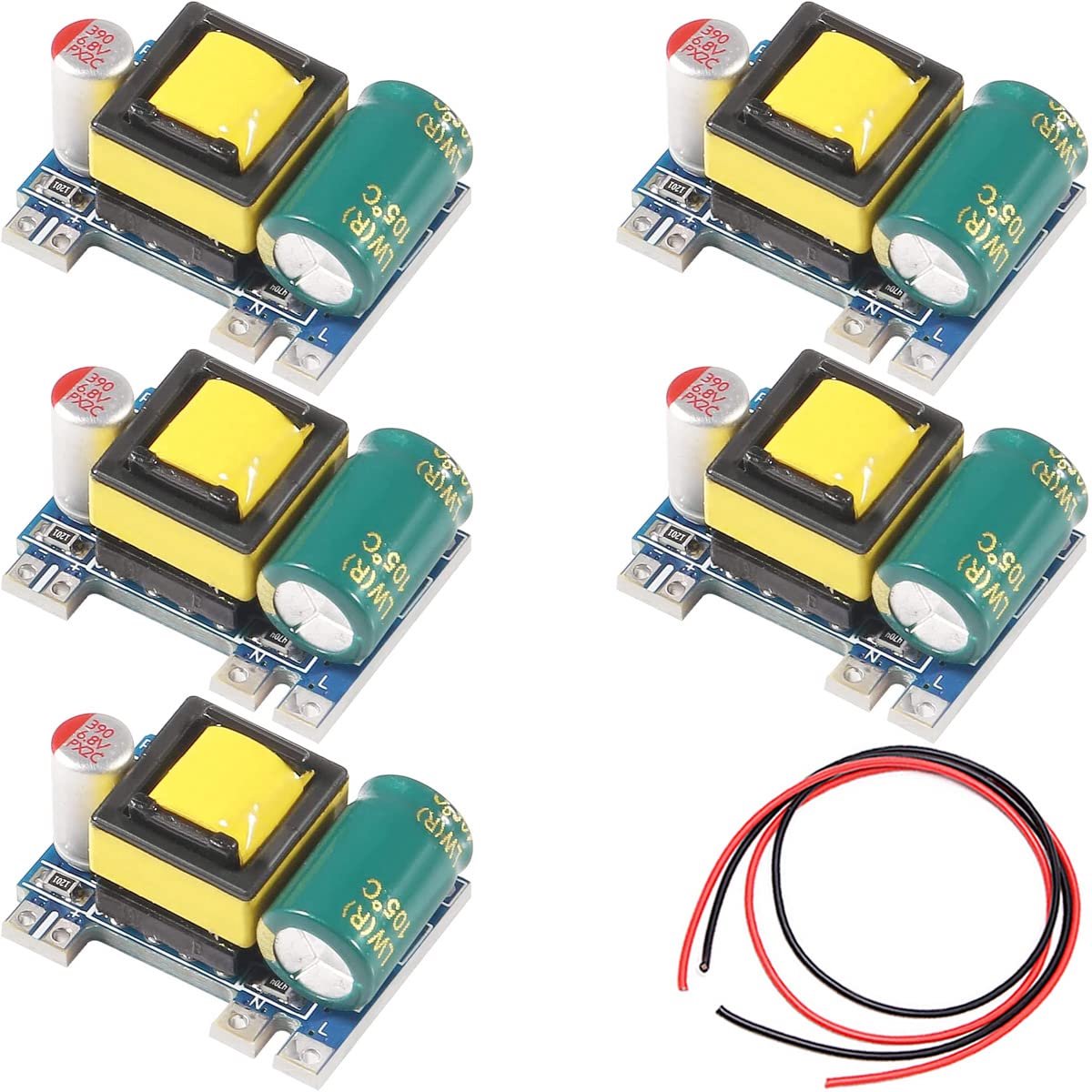 5 stuks AC-DC 5V 700mA 3.5W Buck module Geïsoleerde schakelvoeding Buck-regelaar 220V naar 5V-converter met rode en zwarte kabel