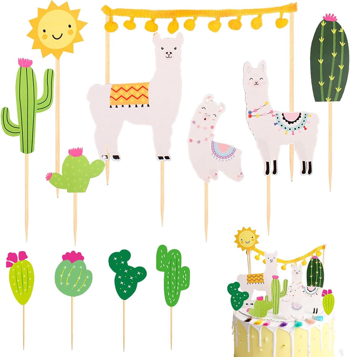 taarttoppers, 12 stuks alpaca bruilofttoppers, cactus taarttoppers voor cupcake doe-het-zelf decoratie, babyshower, verjaardag, dierenthemafeest