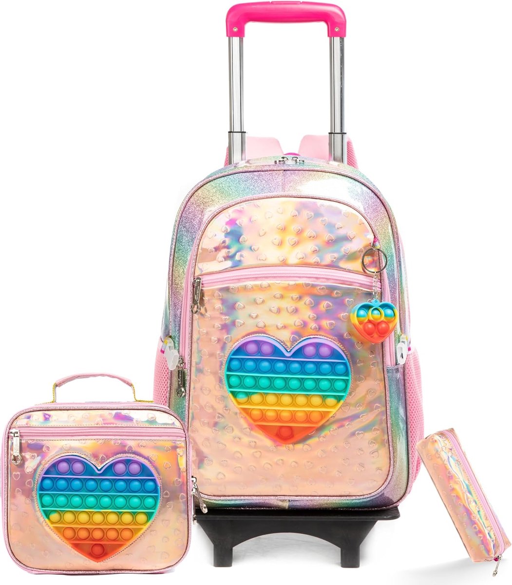 Meisjes rugzak met wielen 43,2 cm - 3-in-1 met lunchbox en etui - ideaal voor school en reizen - SnelShoppen