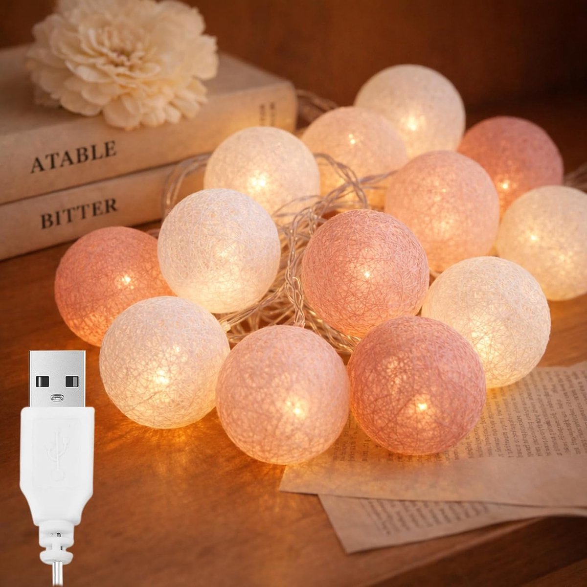 SnelShoppen - 3 m LED Katoenen Bollen Lichtketting met USB, 20 Katoenen Ballen van 4 cm in Roségoud, Perfect voor Kinderkamer, Bruiloft, Slaapkamer en