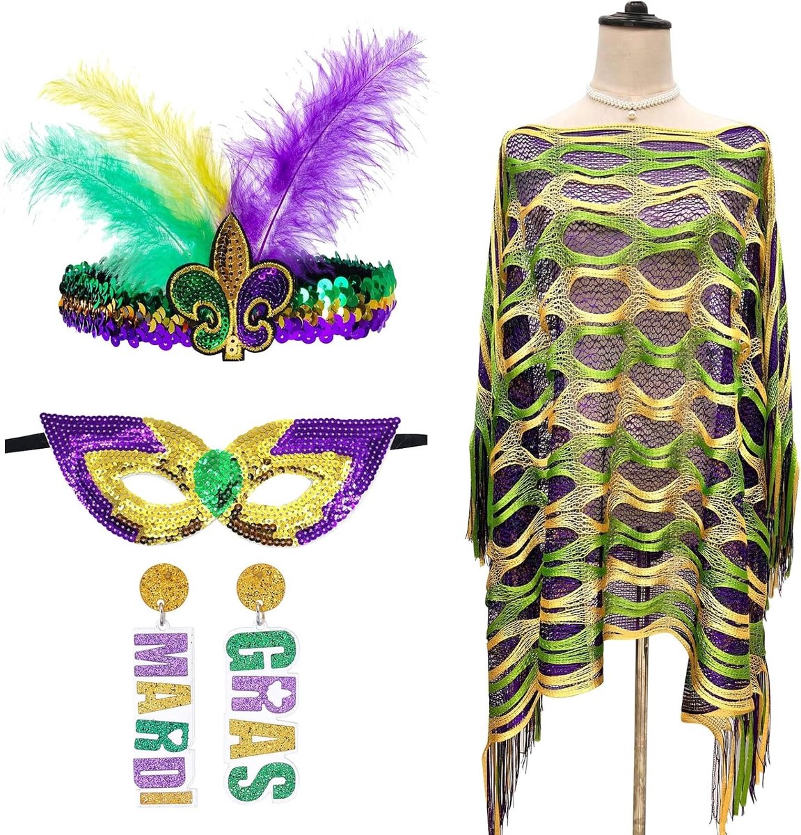 Vrouwelijk Carnaval Kostuum Set met Sjaal, Maskers, Hoofddeksels en Oorbellen voor Feest en Cosplay
