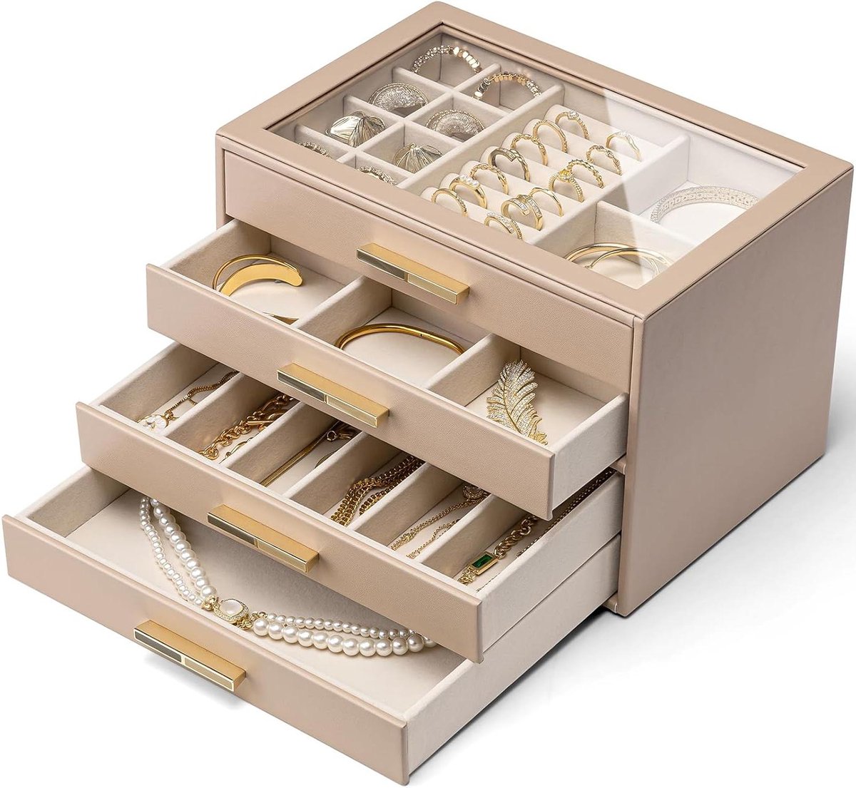 Juwelendoos Groot - Opberger Sieraden - Sieraden Organiseren - 4 Lades Glazen Deksel - Grote Capaciteit - Melk Koffie