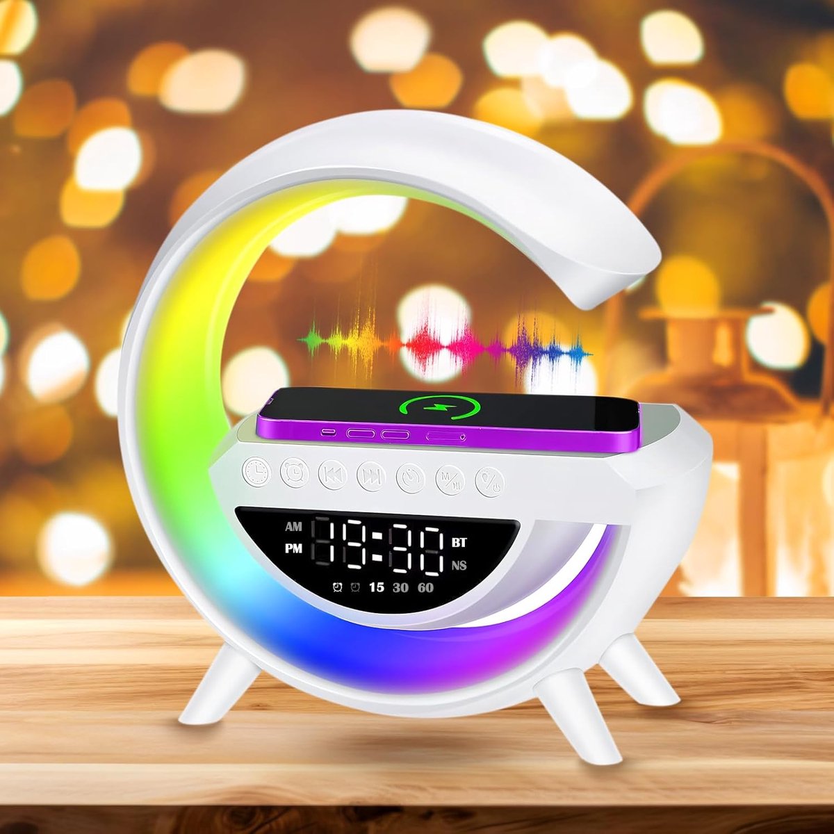 SnelShoppen - LED Nachtlamp met Oplaadfunctie - Slimme Licht Alarmklok Tafel Lamp - Draadloze Speaker met Muziek Sync - Dimbare Touch Mood Lamp - Perf