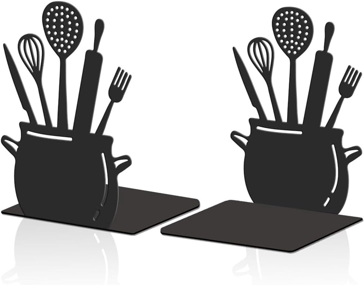 Zwarte Keuken Boeksteunen, 11 x 13,5 x 20 cm, Decoratieve Metalen Kookboekhouders met Antislipmat, Ideaal voor Kookboeken en Keukenaccessoires