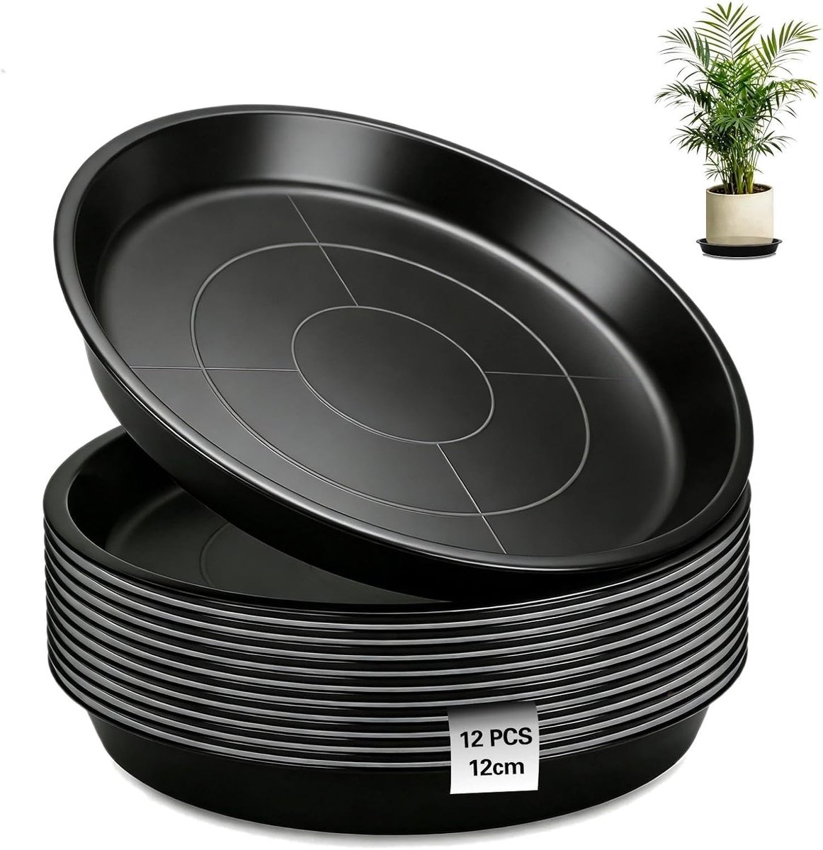 SnelShoppen - 12 Stuks Bloempot Onderzetters, 30 cm, Ronde Onderzetters, Plastic Bloempot Mat, Zwart, Voor Tuin, Balkon, Woonkamer, Sterk en Duurzaam