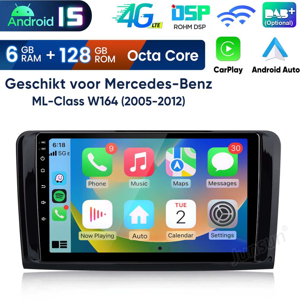 JUNSUN Android 15 Autoradio Geschikt voor Mercedes ML/GL Klasse W164 X164 Accessoires -6GB+128GB - Draadloos Carplay & Android Auto - Bluetooth - GPS-Navigatiesystem - 9-inch IPS Touchscreen - WiFi & 4G - FM - RDS - DSP - Octa-core processor