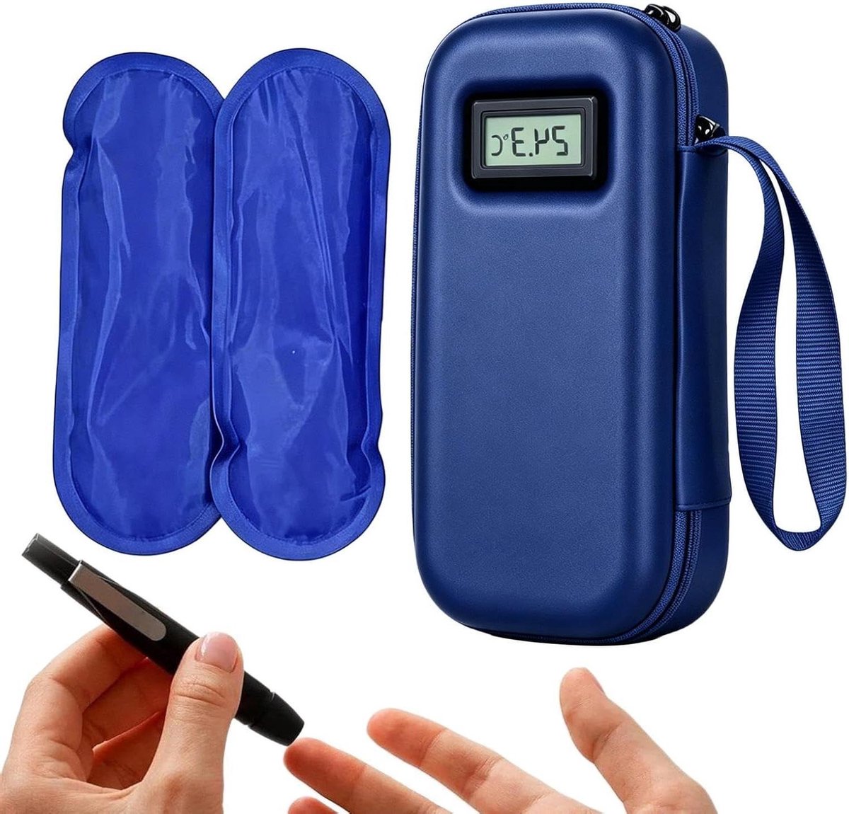Koeltas voor onderweg - Geïsoleerde opberger - Temperatuurgevoelige items - Digitaal temperatuurdisplay - 22 x 10 x 6 cm - Blauw