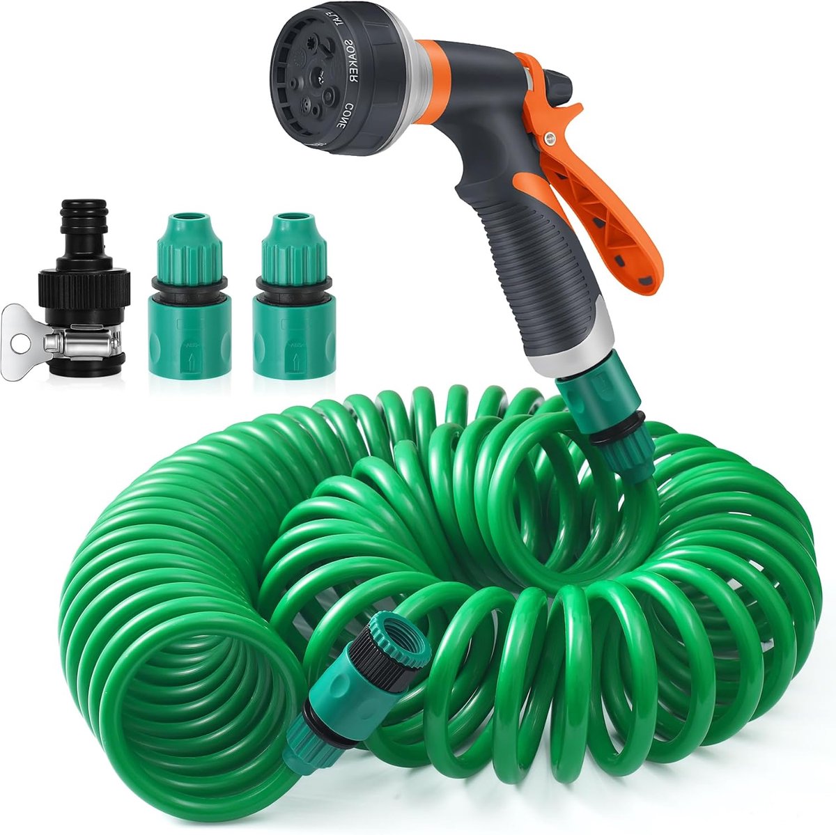SnelShoppen - Flexibele Tuinslang 15 m Spiraalslang Set met 8 Functies, Tuinsproeier Douchekop, Autowassen, Huisdierdouche en Tuinieren