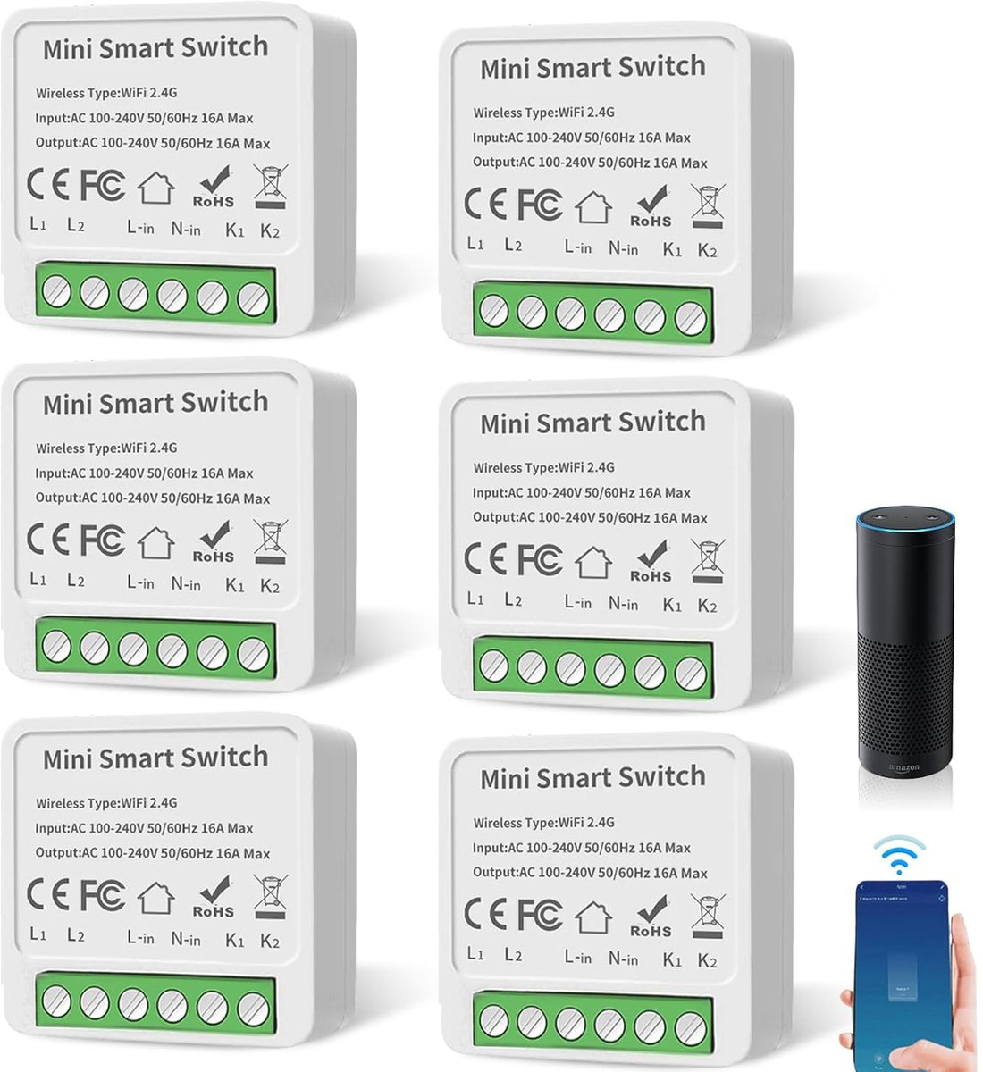 Slimme Lichtschakelaar Module - Pack van 6 - Mini DIY WiFi Schakelaar - Compatibel met Alexa en Google Assistent - ShopVlot