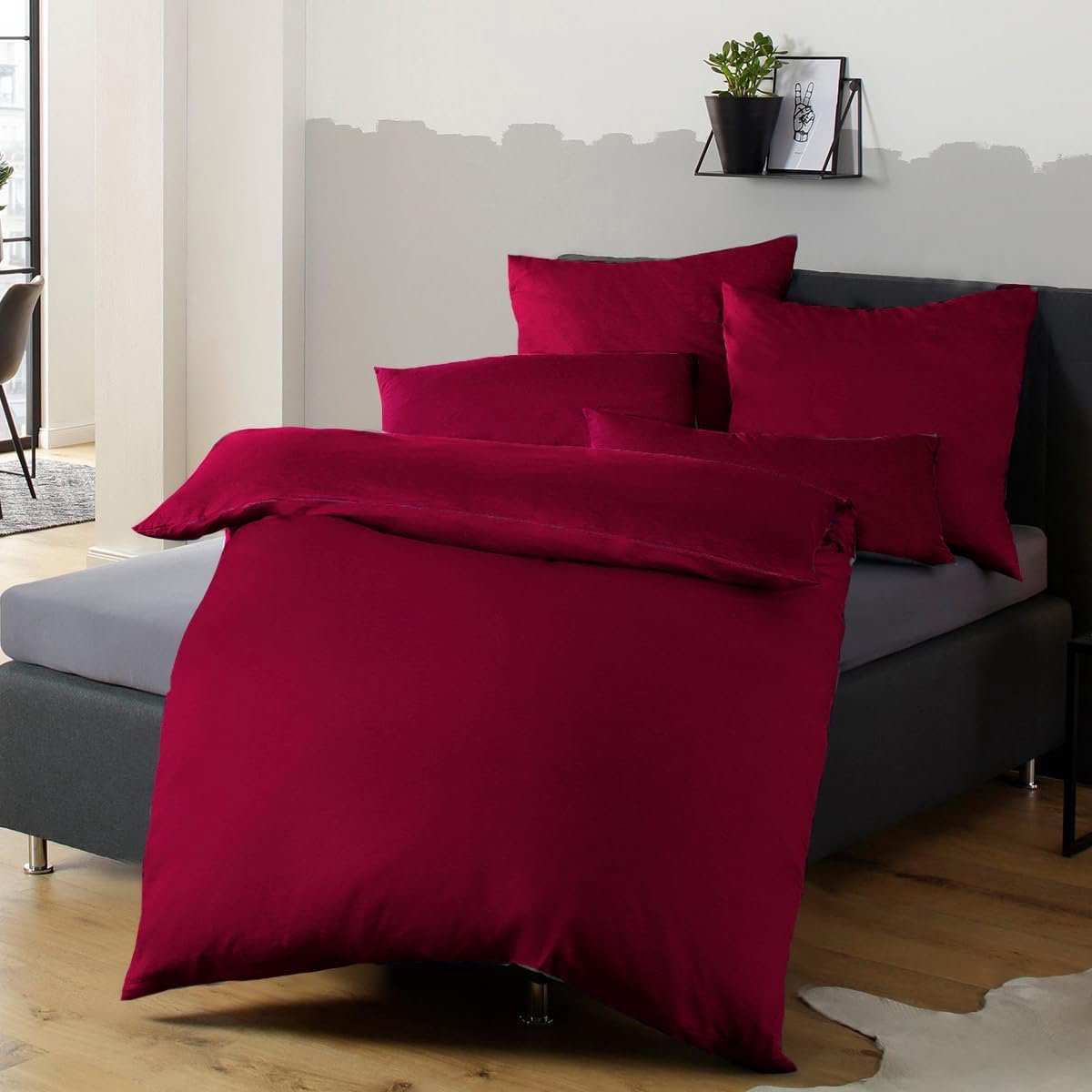 Beddengoed 155 x 220 cm, rood - beddengoedset van microvezel, strijkvrij en kreukvrij - 1 dekbedovertrek + 1 kussensloop 80 x 80 cm met ritssluiting