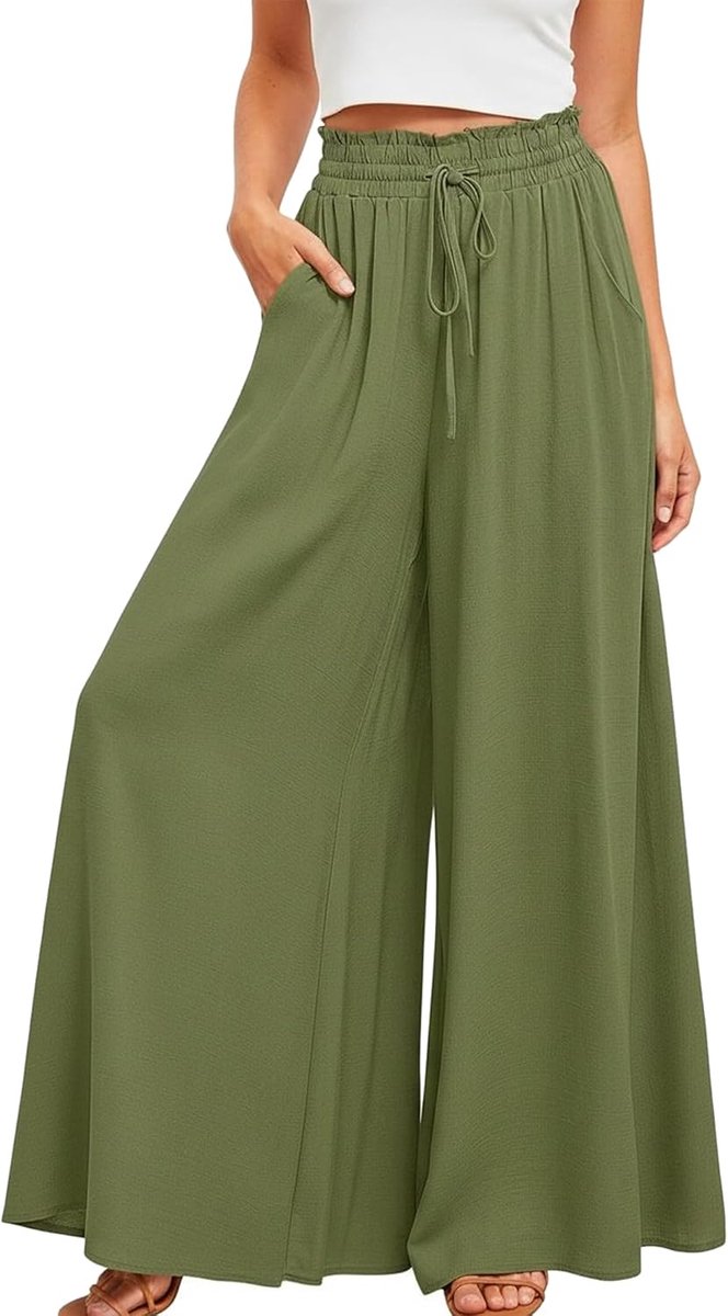 zomer, hoge taille, vloeiende palazzo-broek, brede pijpen, casual, licht, elegant, strand, casual broek met zakken en trekkoord