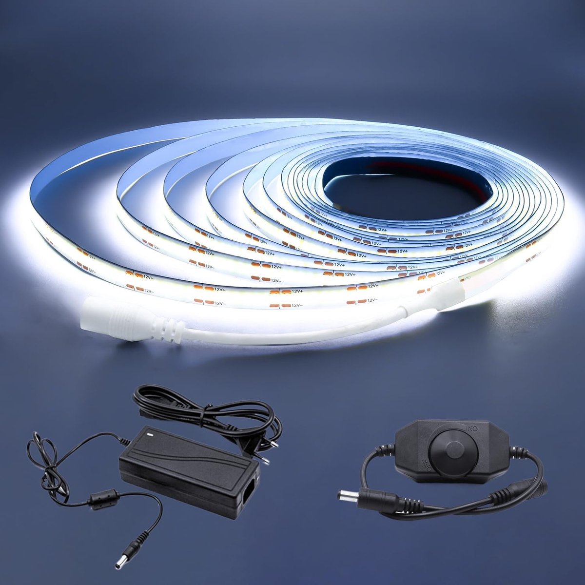 5m COB LED Strip Koud Wit 6000K 12V 320LEDs/m COB LED verlichting Dimbaar COB LED Licht Hoge Dichtheid met Dimmer Adapter IP20 voor Slaapkamer Keuken Interieur Decoratie