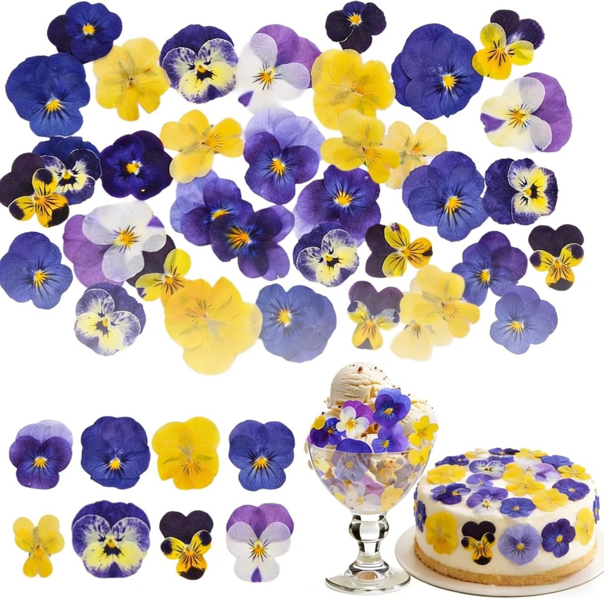 40 stuks 8 soorten natuurlijke gedroogde geperste eetbare bloemen voor taarttopper decoreren - mix altviool driekleur voor cupcaketoppers, cocktails, hars sieraden maken, doe-het-zelf kunstambachten