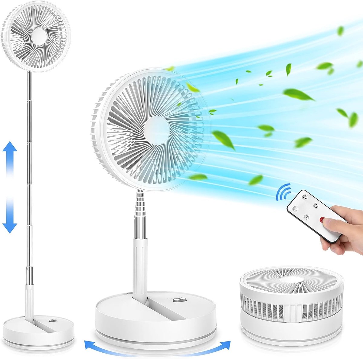 Opvouwbare Staande Ventilator met Afstandsbediening, 8,6 Inch, 8000mAh Oplaadbaar USB Ventilator, 4 Snelheden, Oscillerend met Timer, Stil voor Vloer, Salontafel, Kantoor en Slaapkamer（Wit）