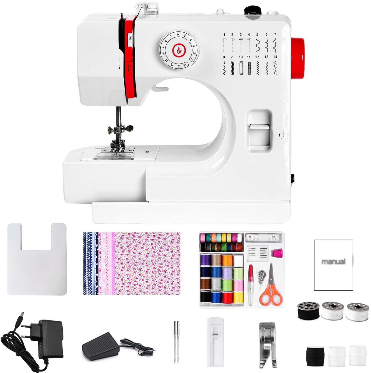 SnelShoppen - Elektronische Naaimachine voor Beginners en Kinderen, 14 Programma's, Wit, Basic Naaimachine voor Kleding, Tassen en Poppen, Perfect Cad