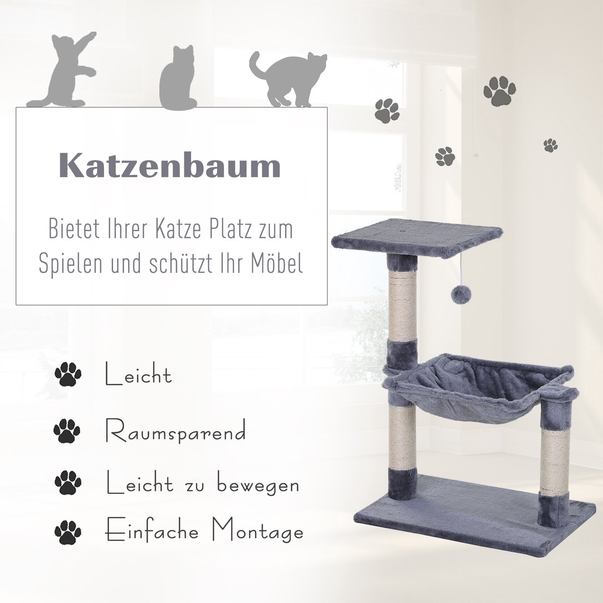 Kattenboom 70 cm Kleine kattenboom met pluche bal, sisalpaal, groot platform, hangmat, krabpaal, klimboom, voor kleine katten, grijs – foto 5