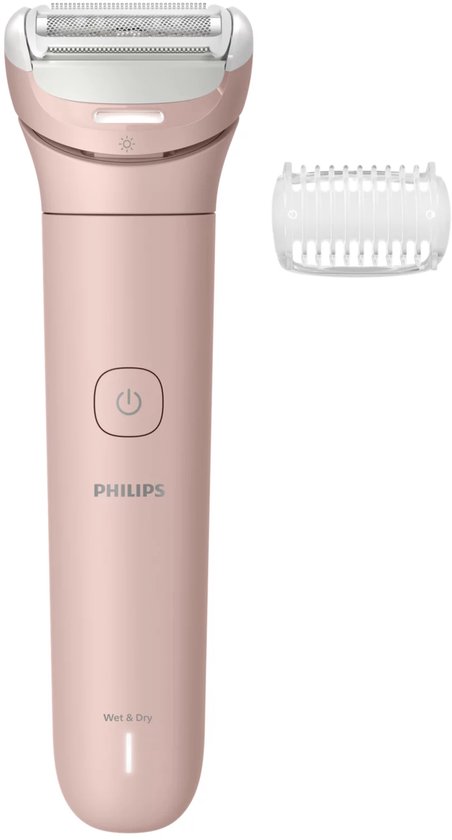 Roze Philips ladyshave met scheerhoofd en trimkam op witte achtergrond.