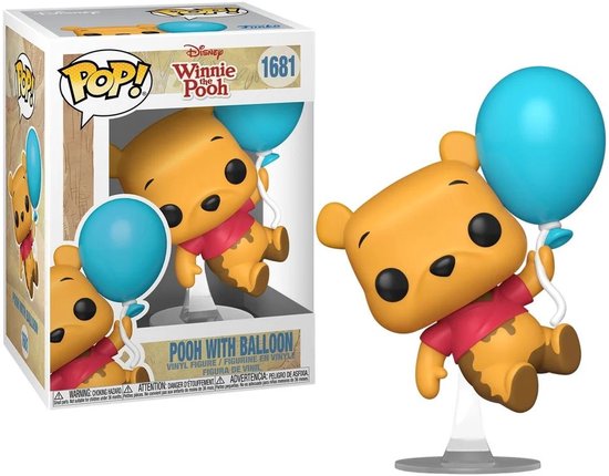 Figurine Funko Pop! Winnie l'Ourson avec des ballons bleus, avec son emballage en arrière-plan.