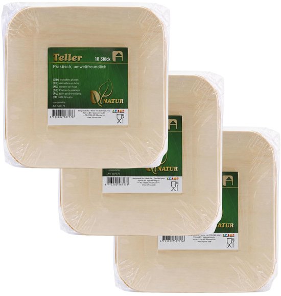 Drie stapels vierkante, beige kartonnen bordjes met afgeronde hoeken, verpakt in plastic.