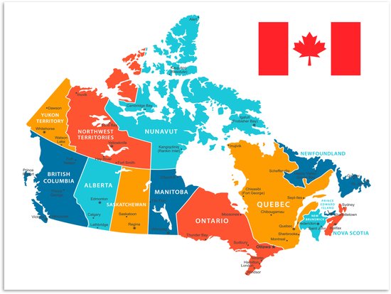 Poster 40x30 cm - Een illustratie van Canada met gekleurde provincies - Posters - Kamer decoratie - Wanddecoratie woonkamer - Muurdecoratie slaapkamer