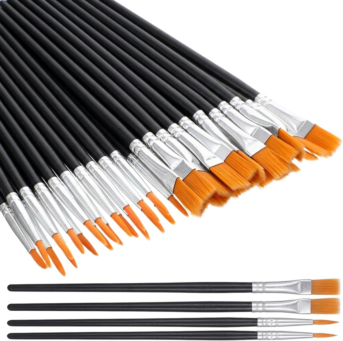 40-delige penseelset, 20 stuks platte en 20 stuks ronde penselen met nylon borstelharen voor acryl, olie en aquarelschilderen (zwart)