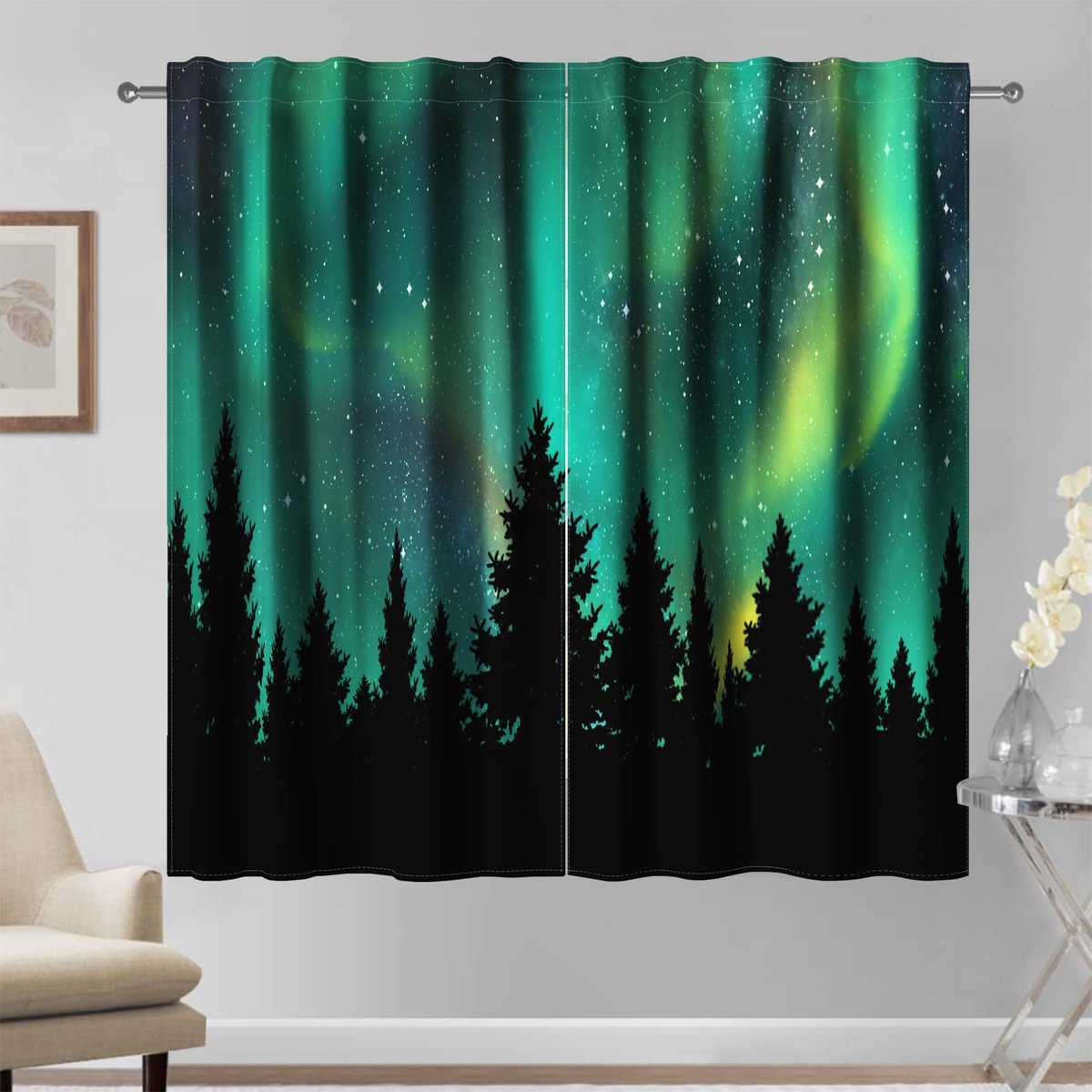 117 x 138 cm Bossilhouetten 2 Panelen, Groen Fleece Arctic Dennen Zwarte Omtrek, Bos Landschap Draperen, Fancy Decoratie voor Woonkamer en Slaapkamer