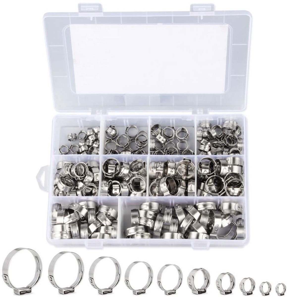 Slangklemmen, assortiment met 10 maten (7-21 mm) voor waterleidingen, sanitair en auto